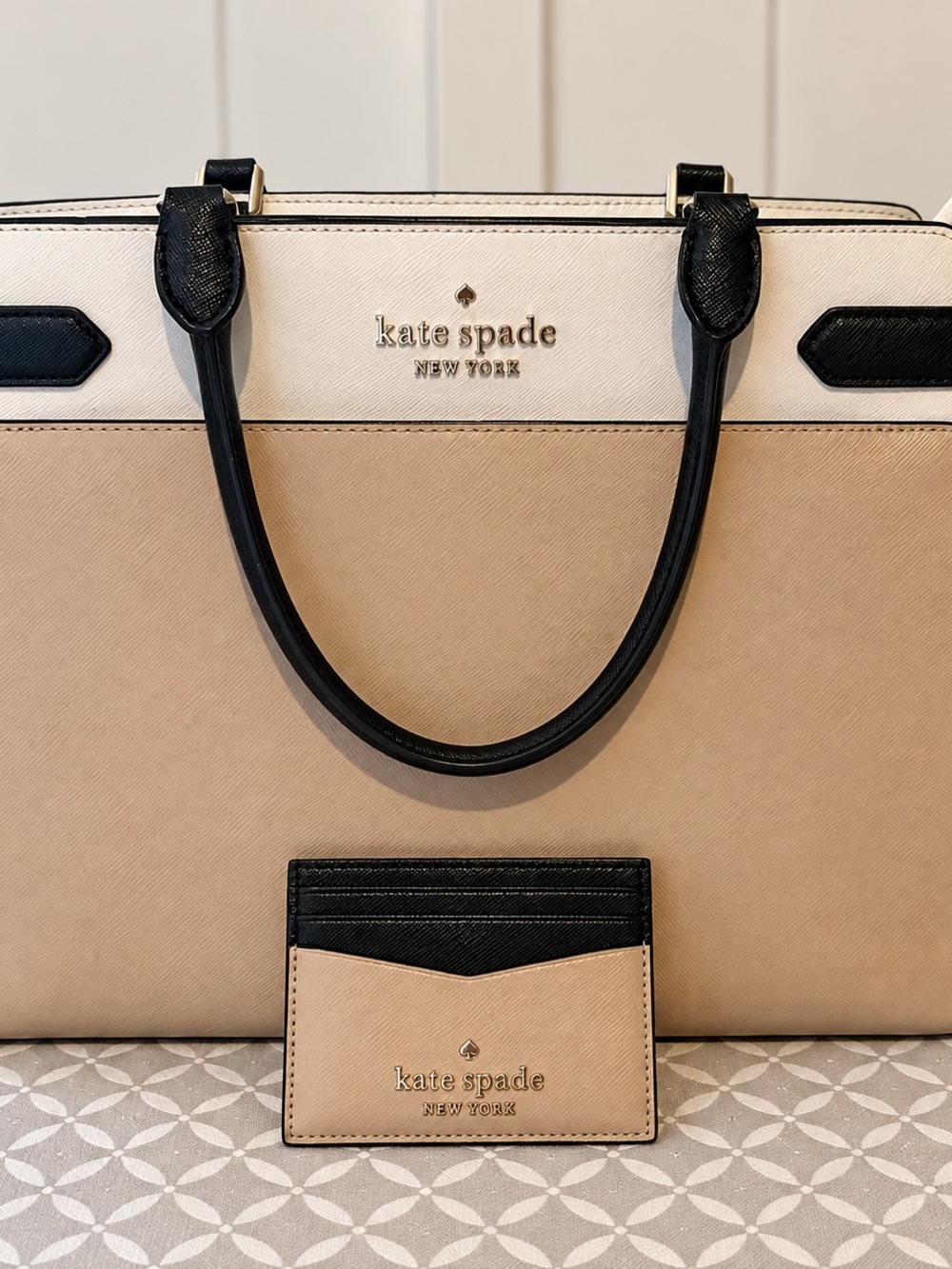 kate spade Beige & Black Saffiano Tote with Cardholder
